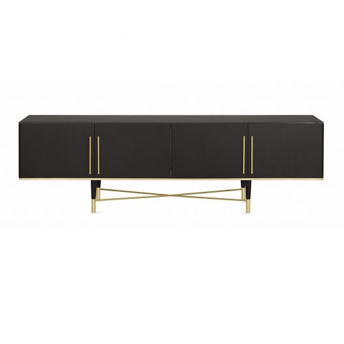 Tama Crédence: A black wooden console table with storage compartments and gold legs on a white background.