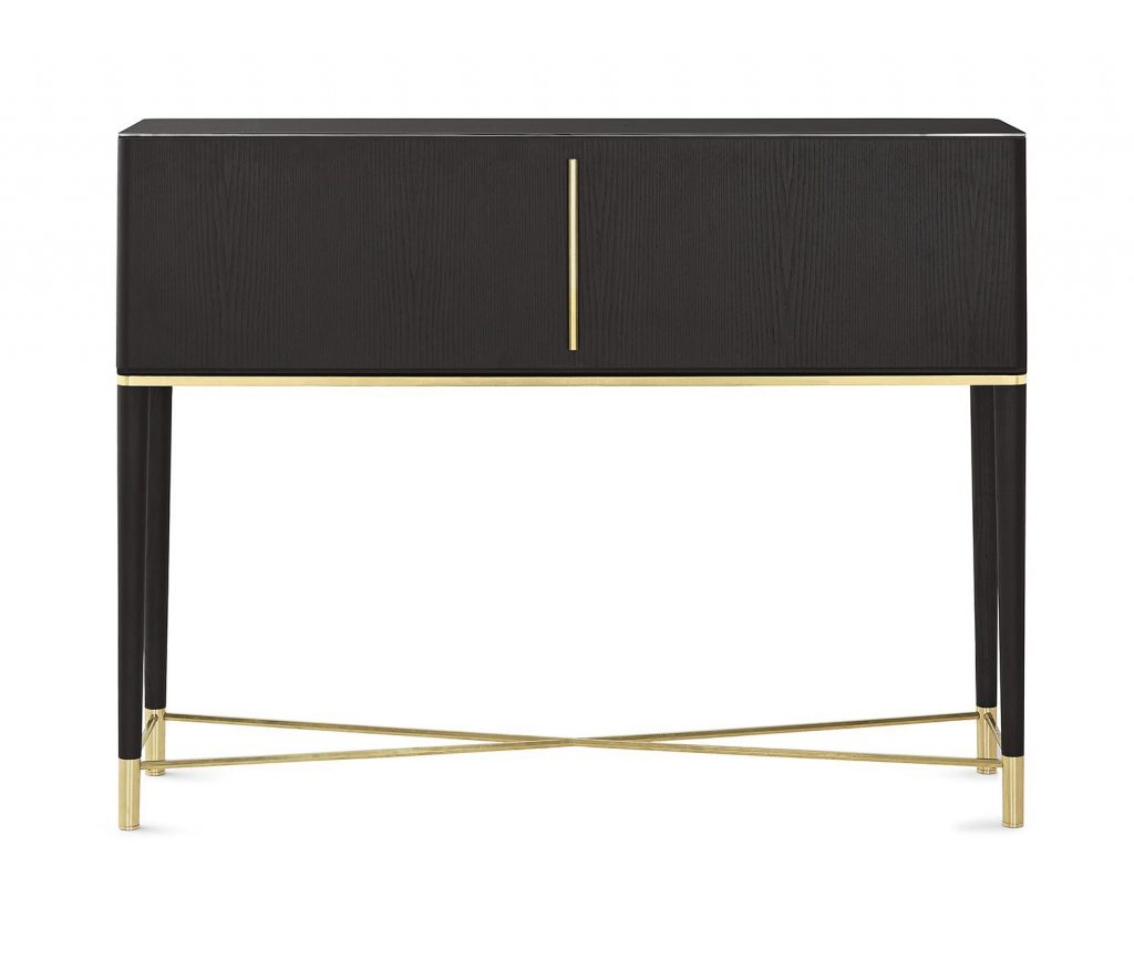 Tama Secrétaire: A wooden drawer with a fold-out desk in brown and gold on a white background.