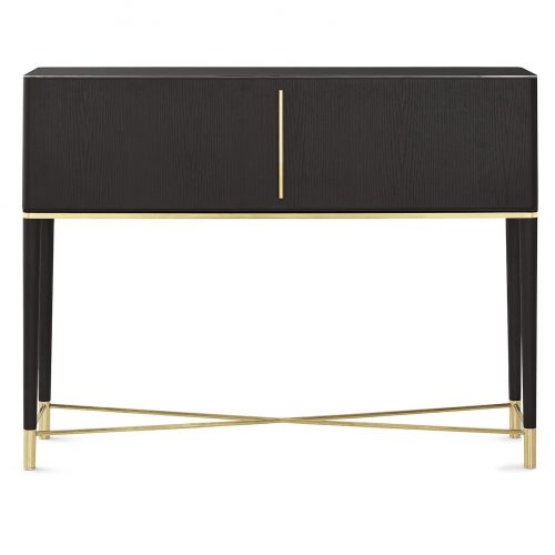 Tama Secrétaire: A wooden drawer with a fold-out desk in brown and gold on a white background.
