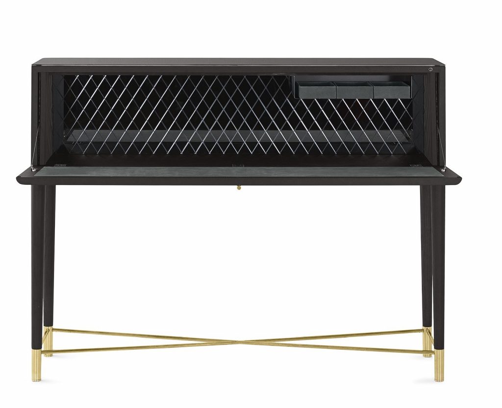 Tama Secrétaire: A wooden drawer with a fold-out desk in brown and gold on a white background.