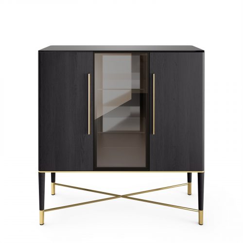 Tama Vitrine: A tall glass display cabinet with a black and gold metal frame on a white background.