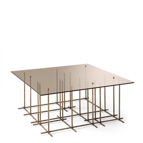 Tetris: A square glass-top coffee table with bronze metal frame and cubic shapes on a white background.