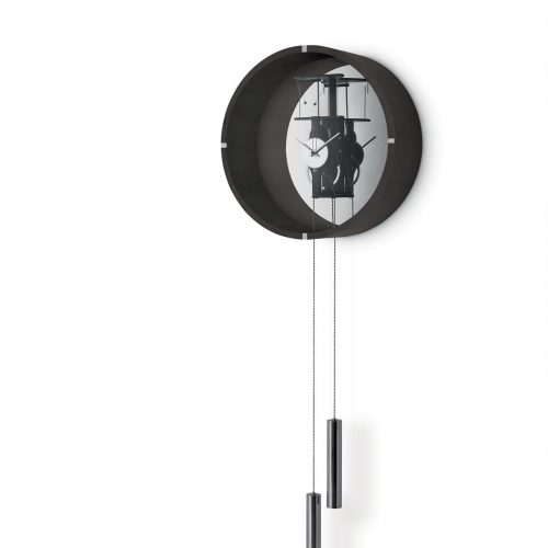 Black Tic Tac 14 pendulum clock with a sleek design, featuring a round face and slender pendulum on a white background.