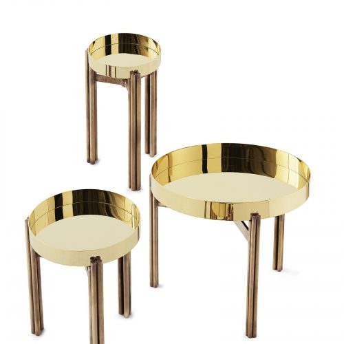 Three Twelve coffee tables with a golden round top and three bronze legs on a white background.