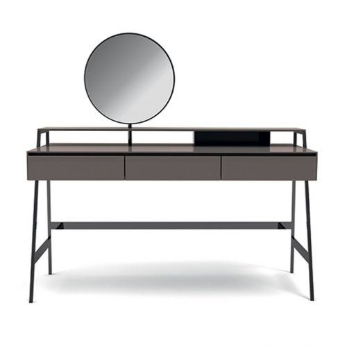 Venere wooden desk featuring a wooden top and slender black legs on a white background.