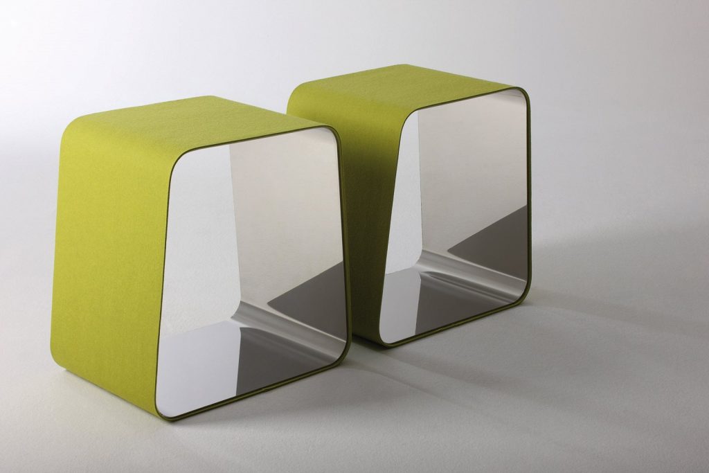 Two WGS stools with a rectangle shape. Internal part in silver and external part in yellow on a white background.