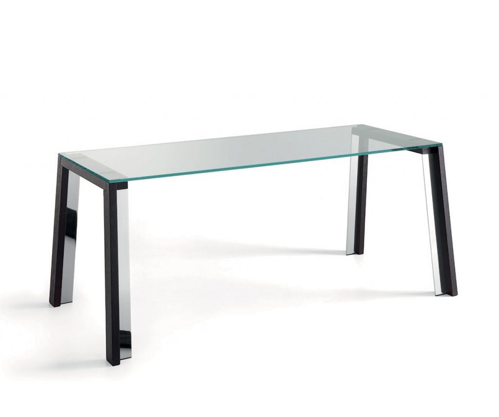 WGS table with crystal rectangle top eaturing wooden legs and a sleek metal frame on a white background.
