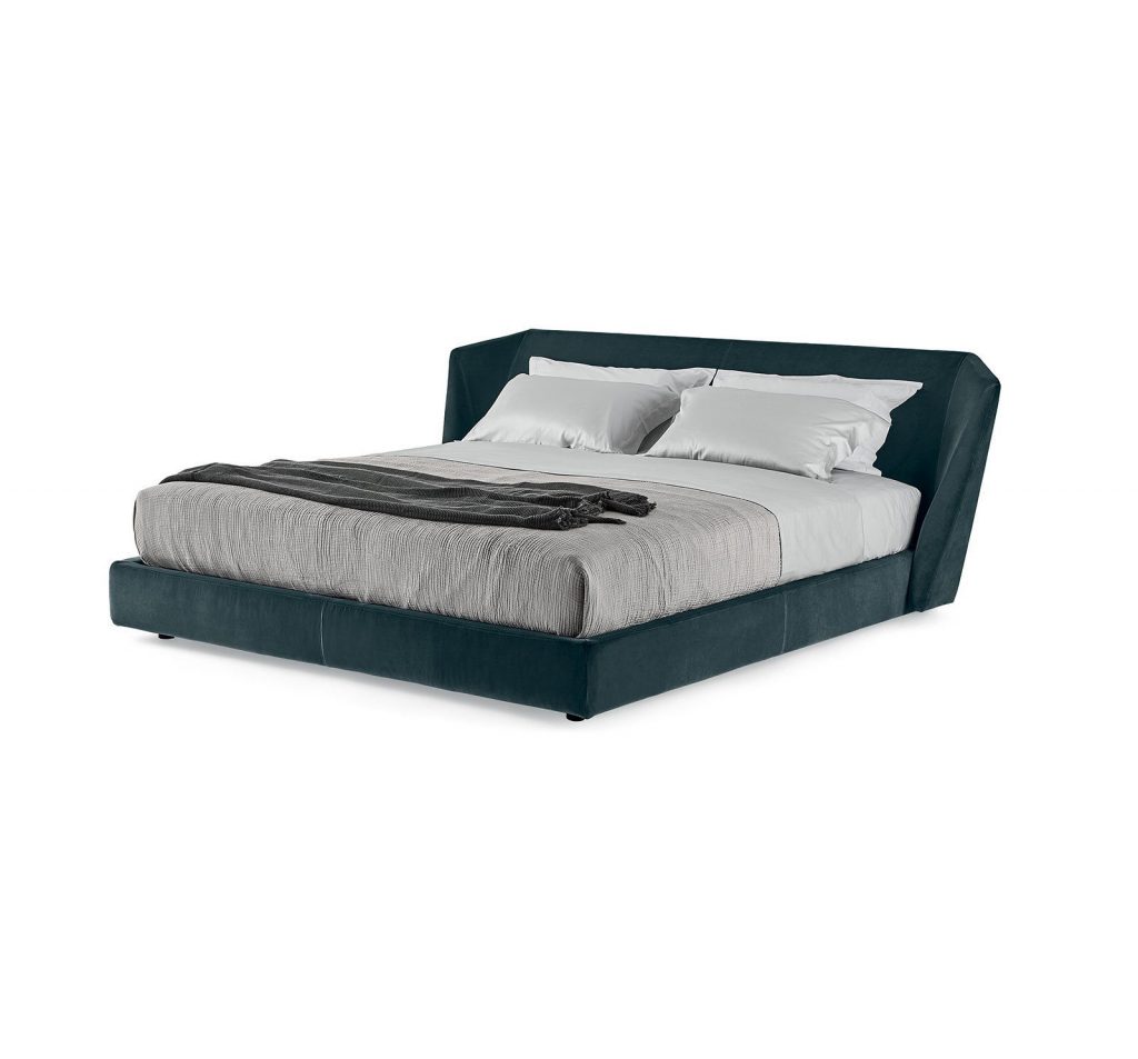Xeni bed. Headboard and base in green fabric on a white background.