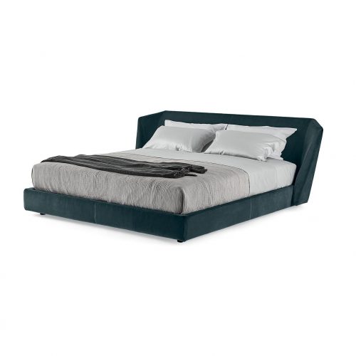 Xeni bed. Headboard and base in green fabric on a white background.