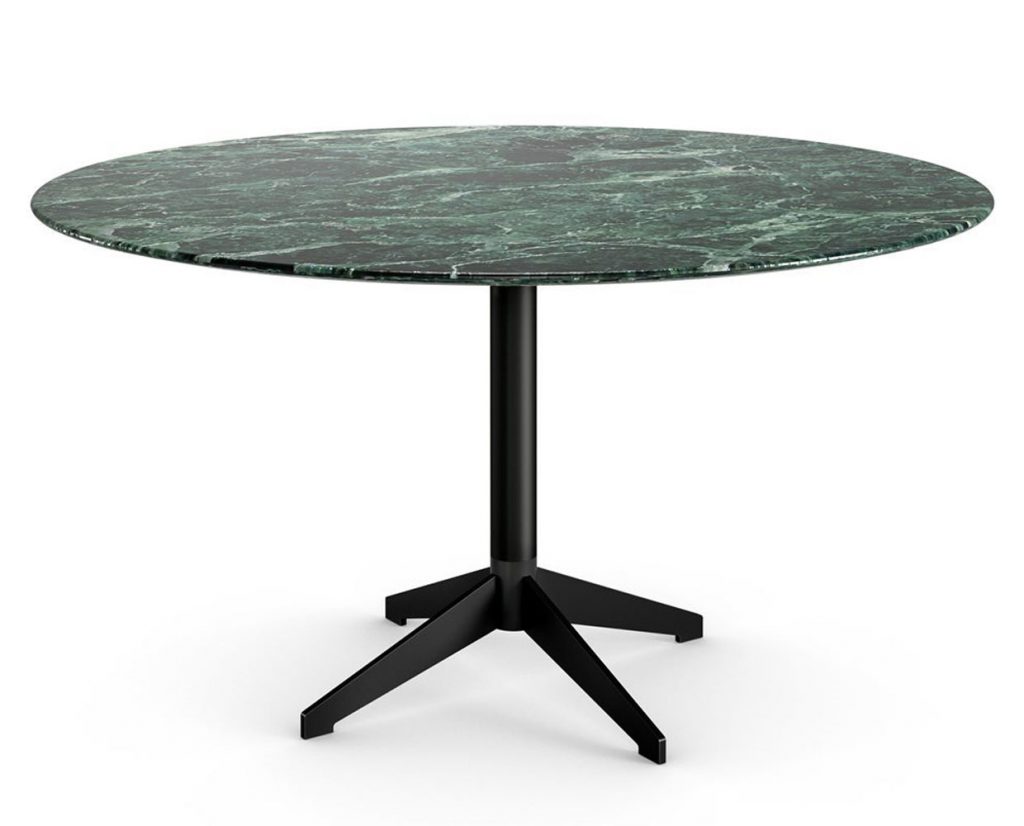 Zen Black table, round top in green and black marble and central black leg on a white background.