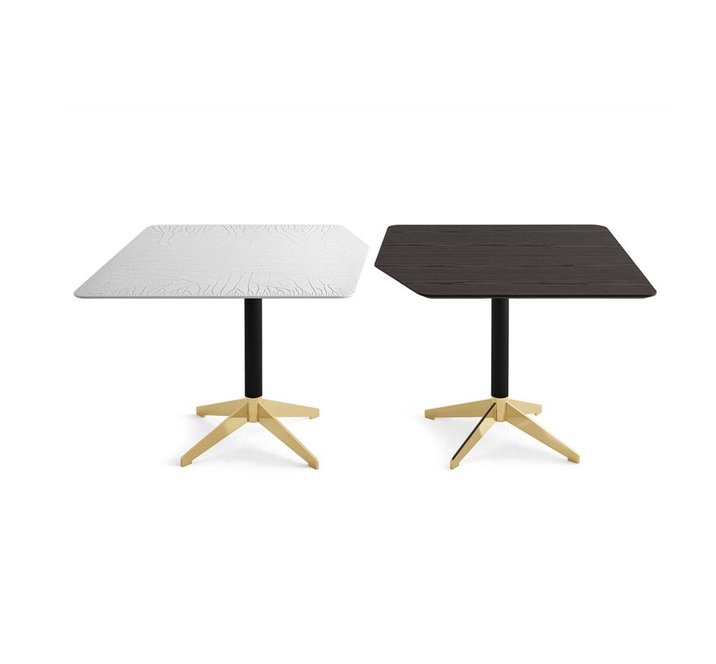 Two Zen Coffee Tables with a polygonal top, one in white and one in brown and central black and gold leg on a white background.