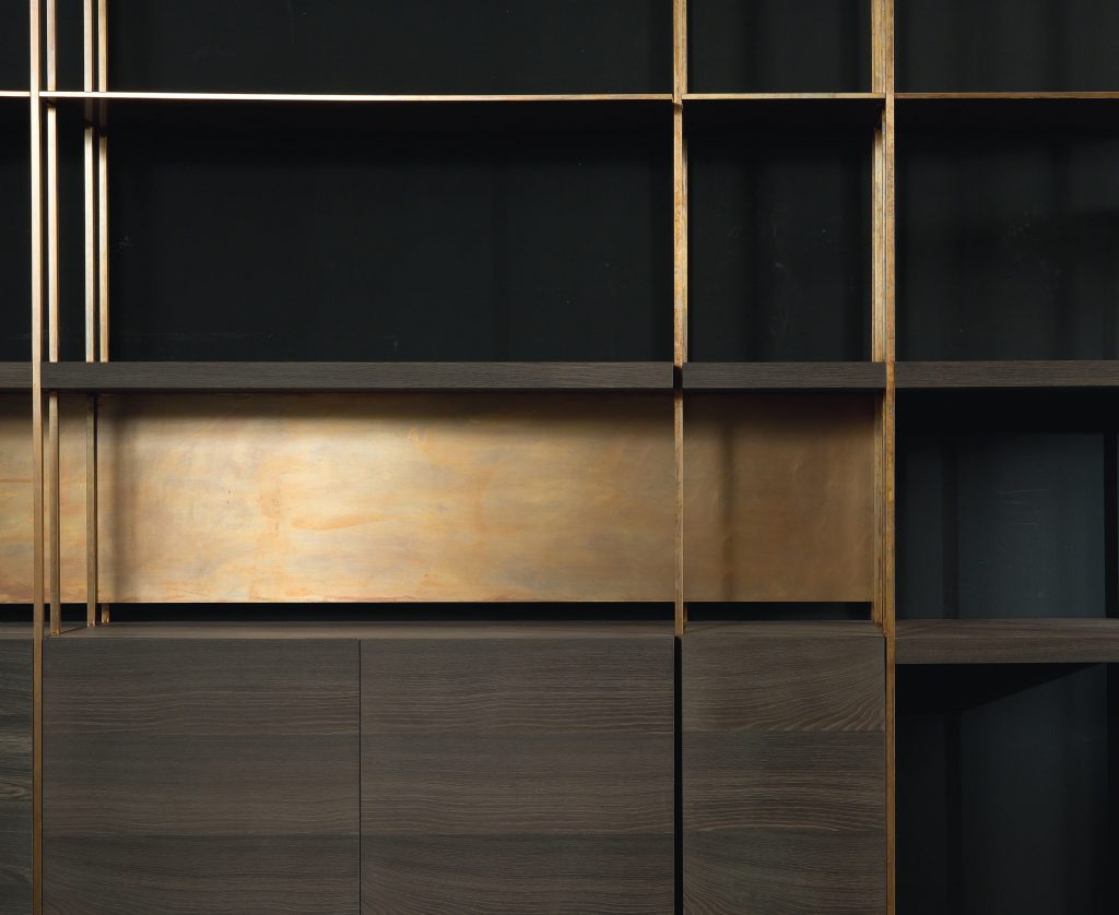 Closeup of Cage C shelves with wood drawer and finish in brass on a black background.
