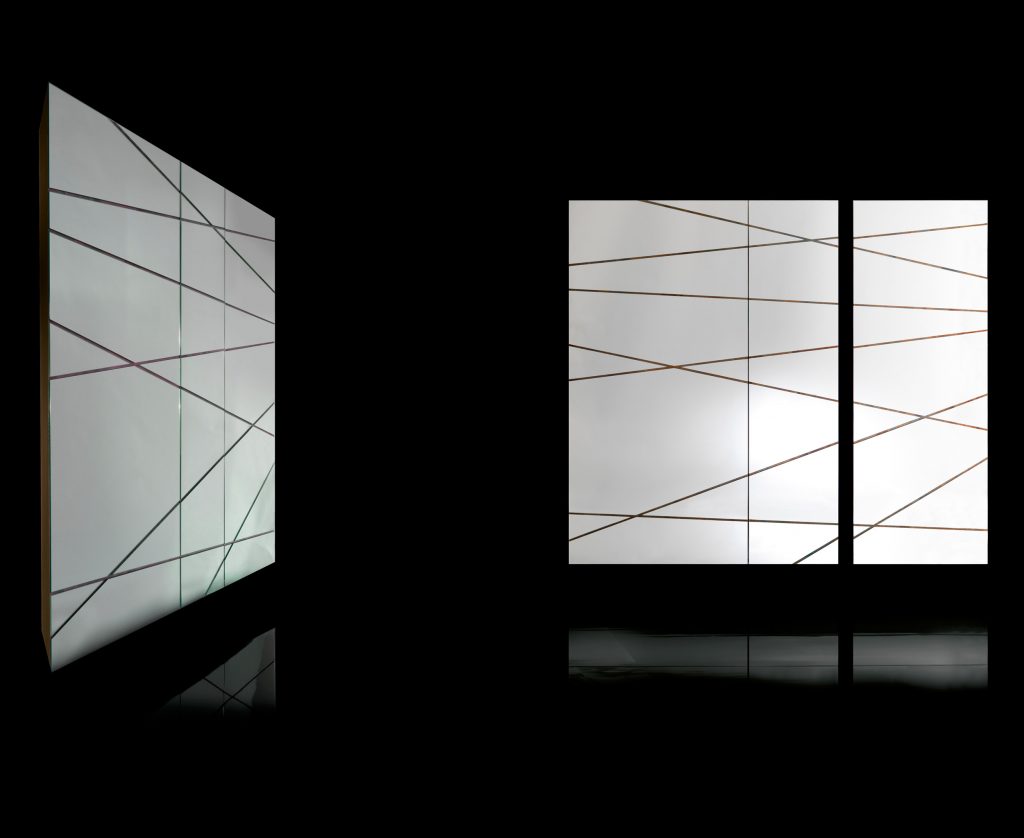 Two Edge Mirrors woth silver finish and frame in wood on a black background.