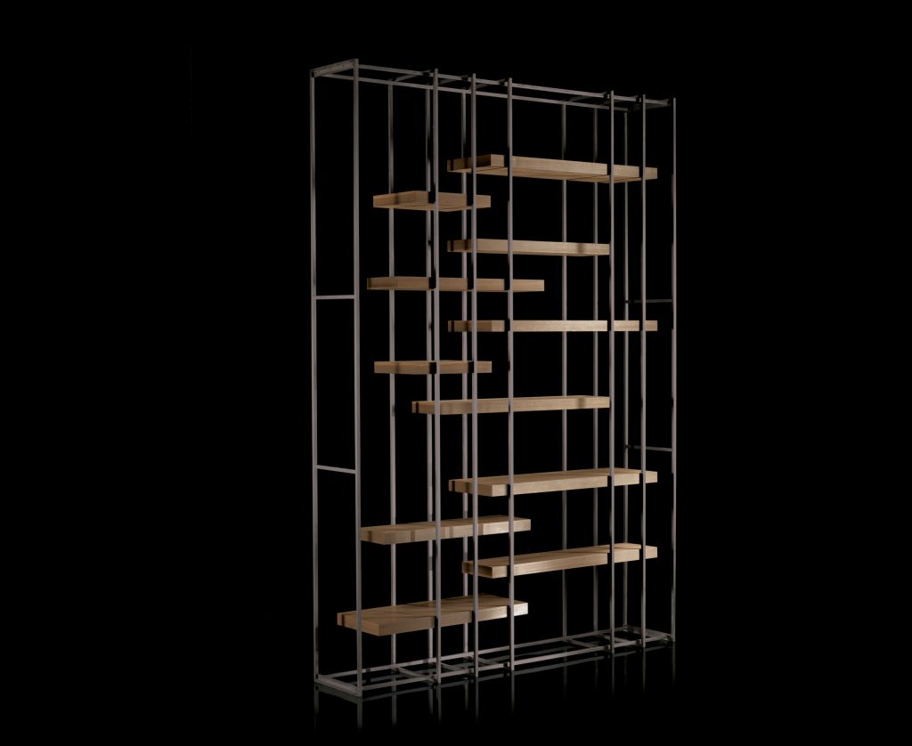 Cage B bronze metal frame bookshelf with wood shelves on a black background.