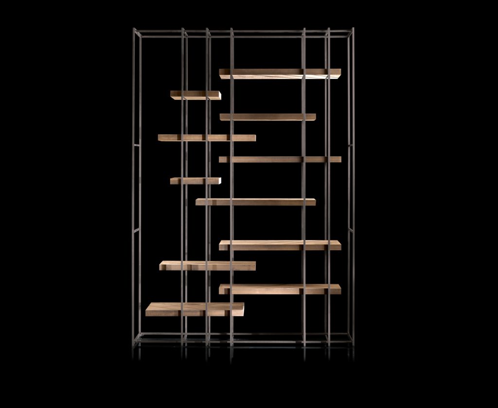 Cage B bronze metal frame bookshelf with wood shelves on a black background.