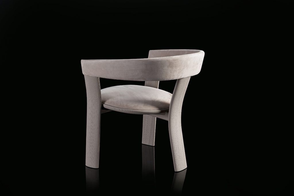 Beige Noce Chair, structure and three legs in wood. Padded seat and backrest with leather on a black background.