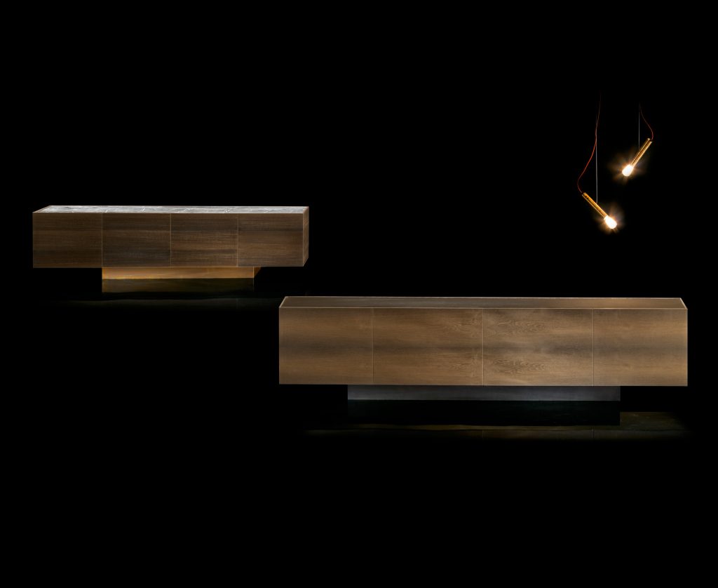 Two Side X tables, structure and two doors in natural wood, one with a black and white marble stone pattern on a black background.