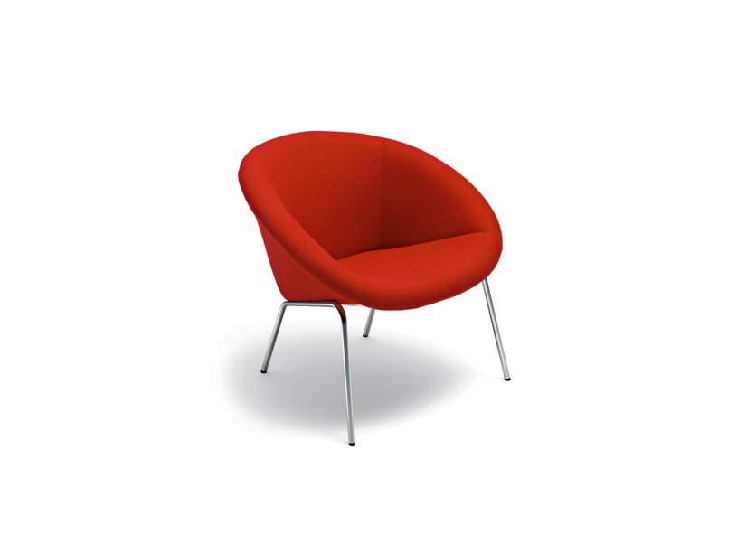 369 armchair, red upholstery and silver legs, on a white background.