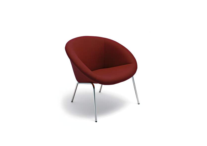 369 armchair, red upholstery and silver legs, on a white background.