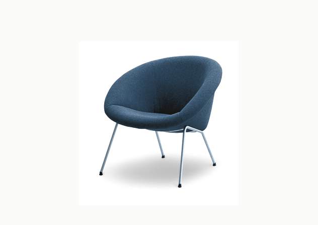 369 armchair, blue upholstery and silver legs, on a white background.