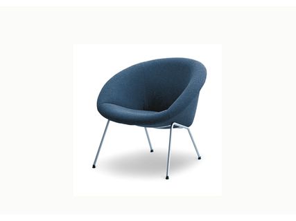 369 armchair, blue upholstery and silver legs, on a white background.