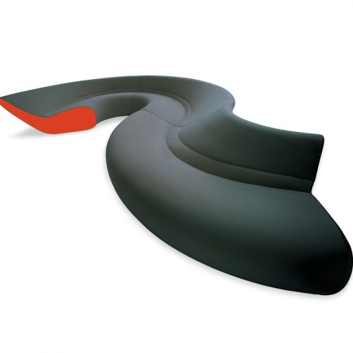 Circle sofa with curved shape upholstered in gray and orange on a white background.