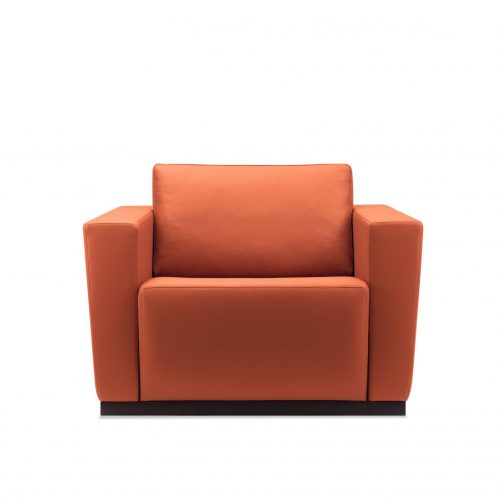 Elton armchair with a wooden frame and orange upholstered cushions, on a light background.
