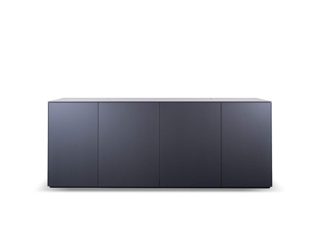 Media Sideboard featuring a wooden frame with sliding doors in gray finish, and open compartments on a white background.