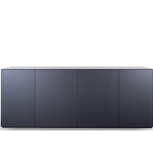 Media Sideboard featuring a wooden frame with sliding doors in gray finish, and open compartments on a white background.