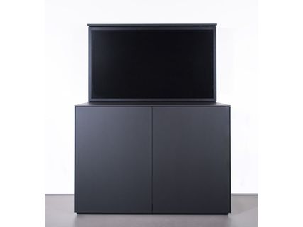 Media Sideboard featuring a wooden frame with sliding doors in gray finish, and open compartments on a white background.