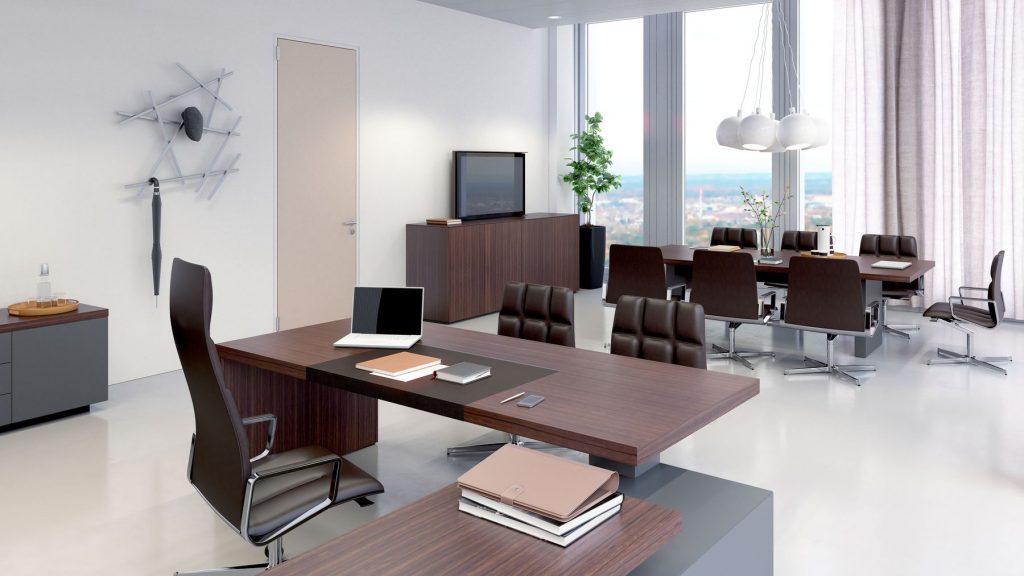 Media Sideboard featuring a wooden frame with sliding doors in brown finish, and open compartments in a office.