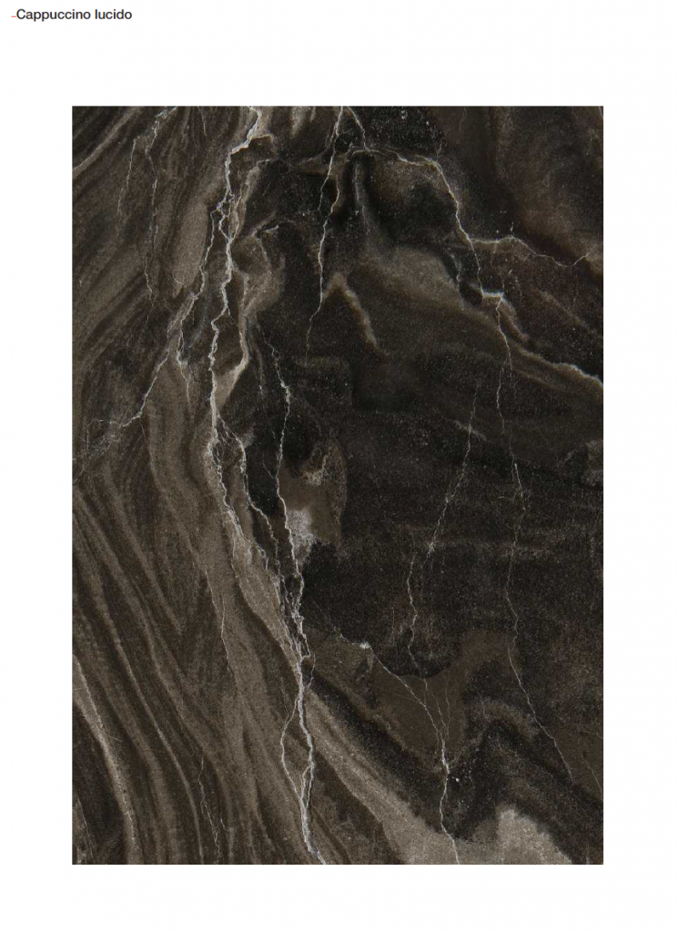 Marble sample in white, brown and black color with veins on a white background.