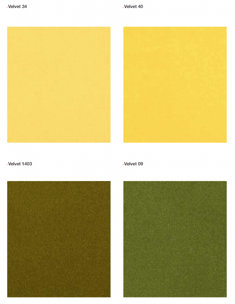Mat Velvets wall panel color palette in yellow, brown and green on white background.