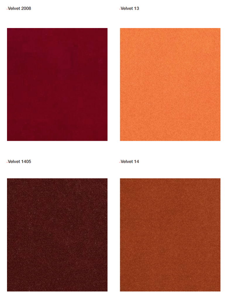 Mat Velvets wall panel color palette in orange, red and brown on white background.