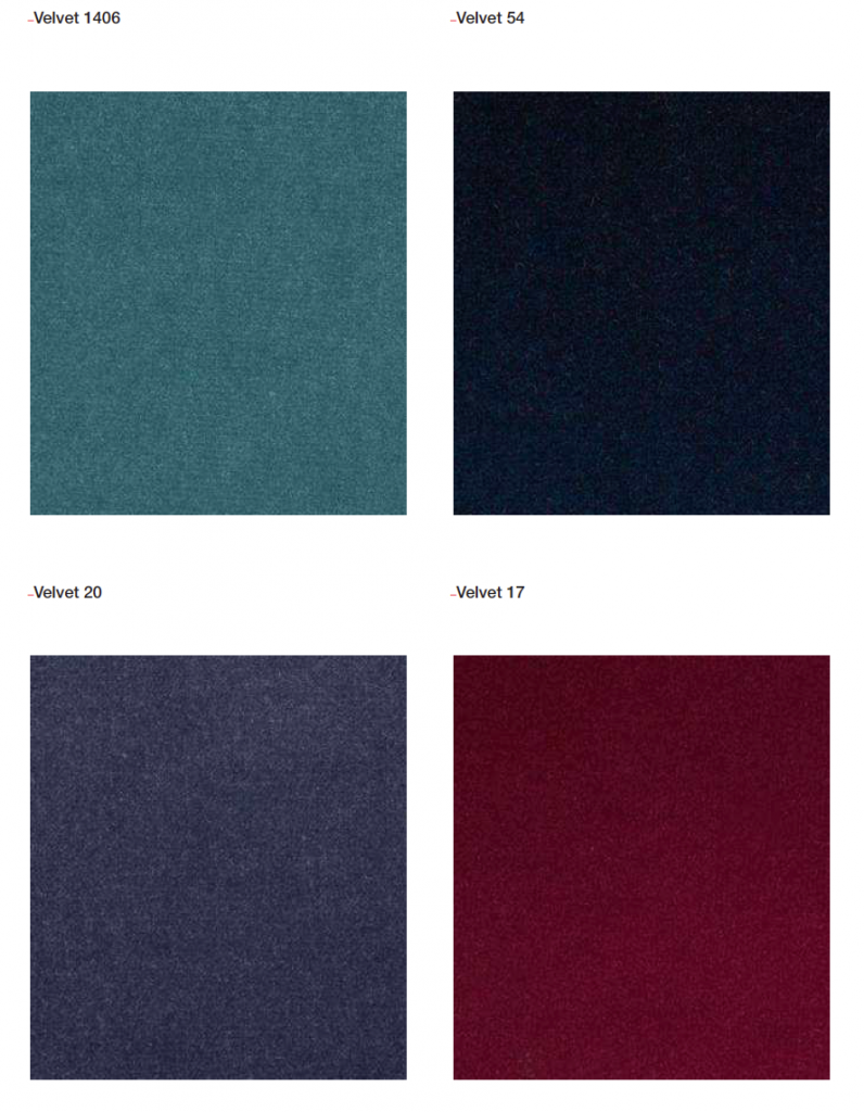 Mat Velvets wall panel color palette in blue, gray and purple on a white background.