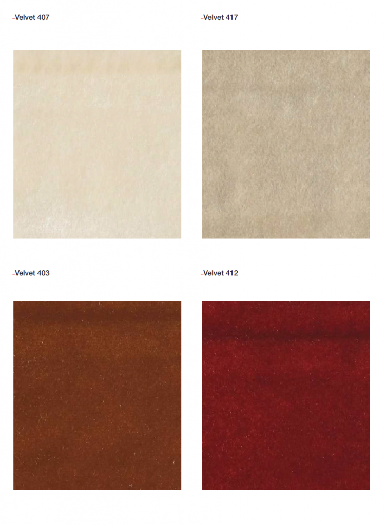 Shiny Velvets fabric samples in white and red color on a white background.
