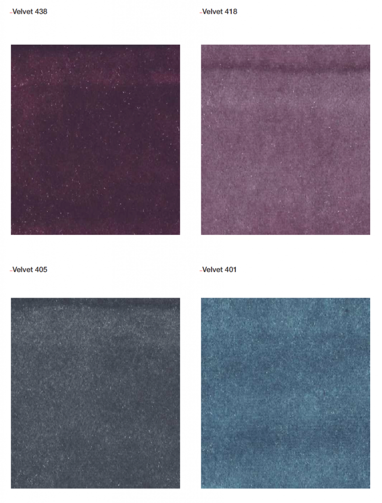 Shiny Velvets fabric samples in purple, gray and blue colors on a white background.