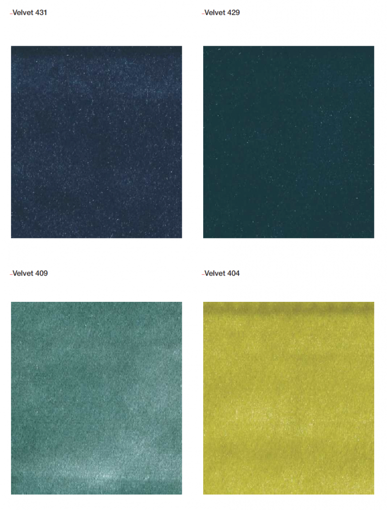 Shiny Velvets fabric samples in yellow and blue colors on a white background.