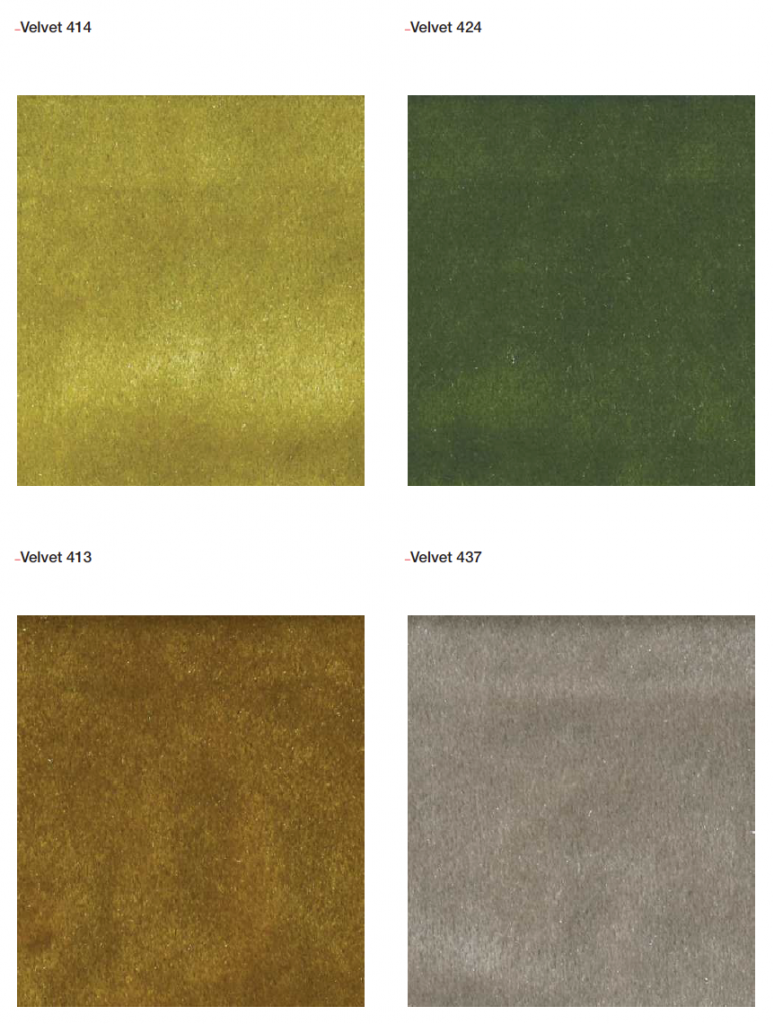 Shiny Velvets fabric samples in yellow, green, bronze and beige colors on a white background.