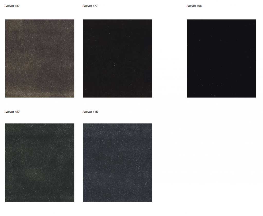 Shiny Velvets fabric samples in brown, black and gray colors on a white background.