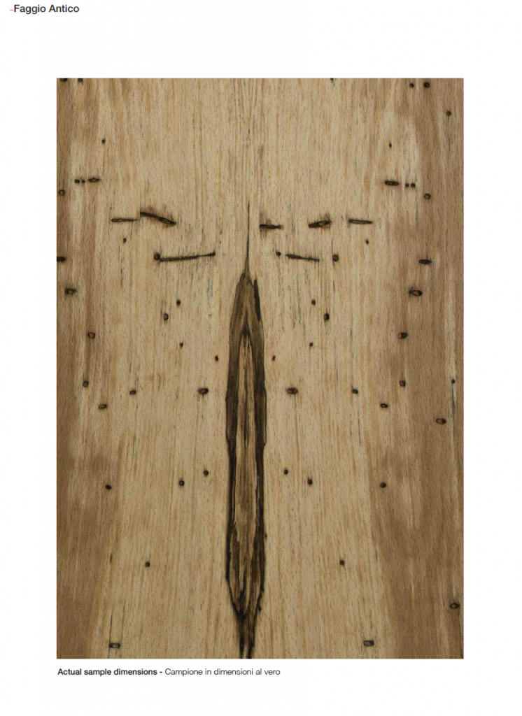 Special finish wood sample in a light brown color with intricate designs and textures, set against a white background.