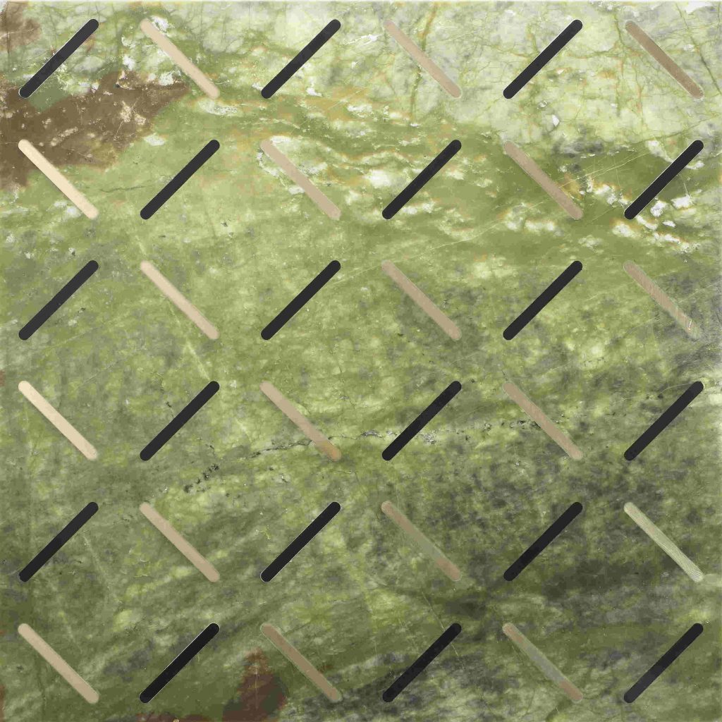 Green Ducale Baguette finish mosaic with white and black linear patterns.