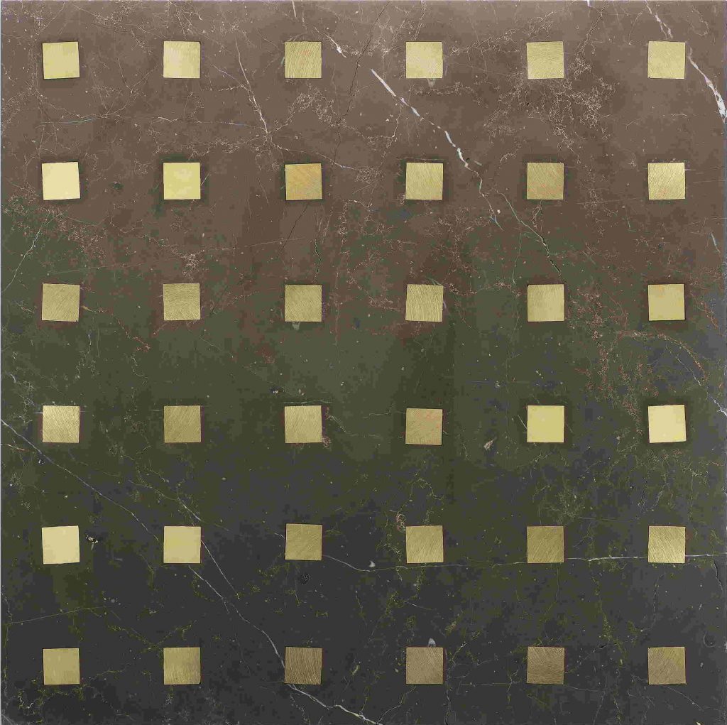 Ducale Carre finish mosaic in dark brown with gold square patterns.