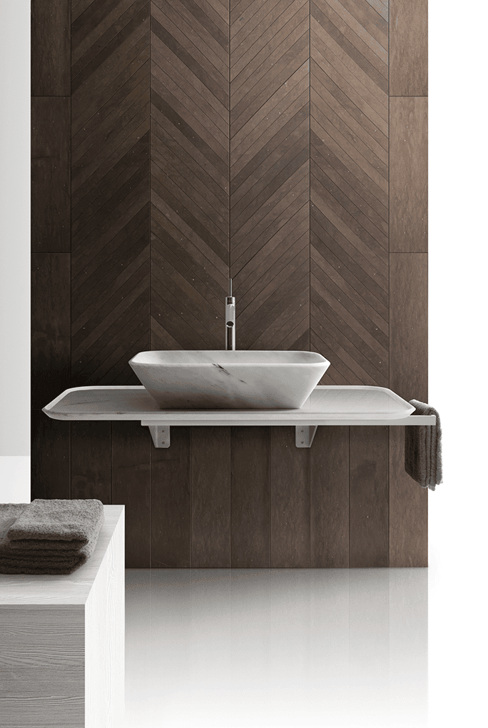 Rectangular Hana finish mosaic in brown on a wall.