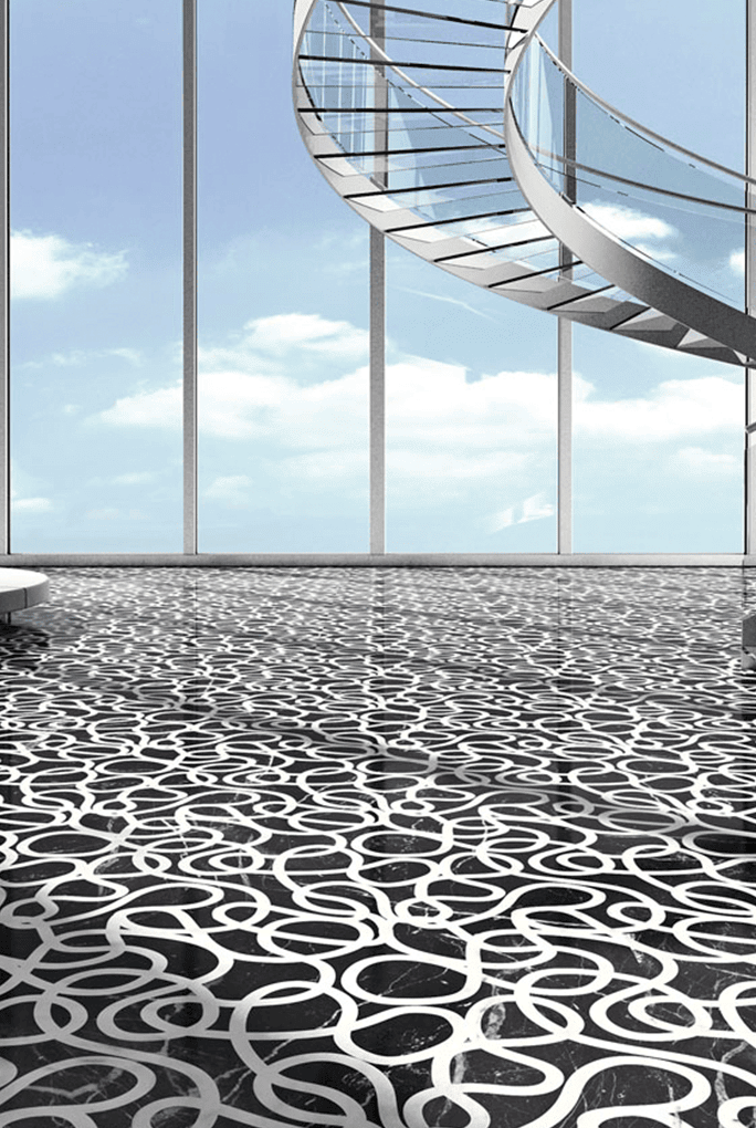Picto finish mosaic in beige and brown with pictographic patterns on the floor.