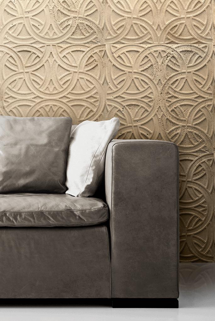 Rondo finish mosaic in brown tones with circular patterns, in a living room.