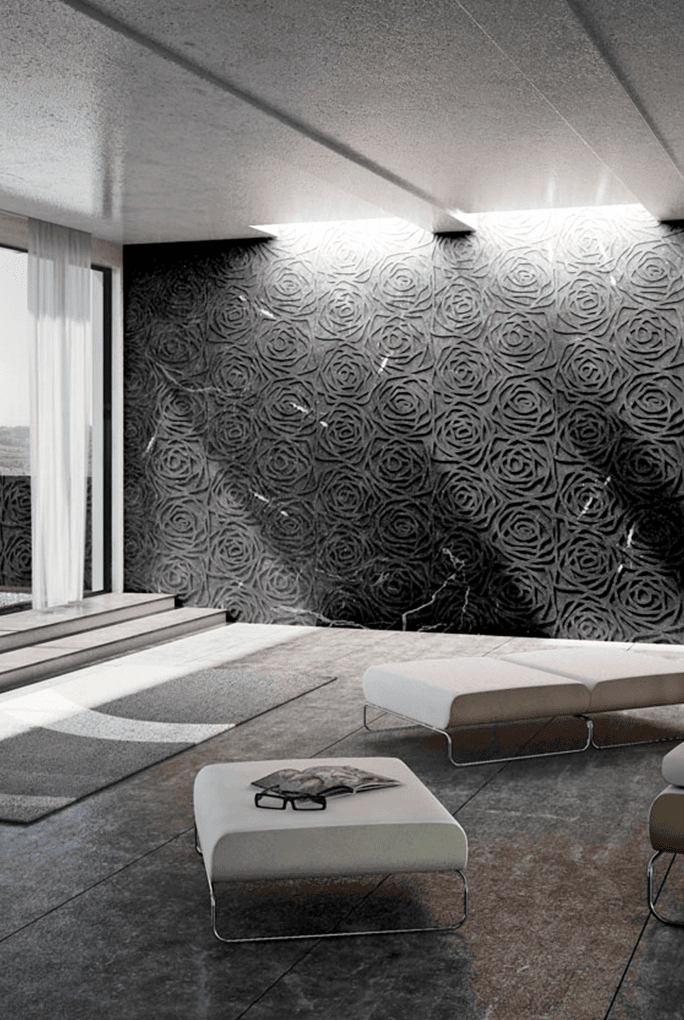 Rose finish marble sample in gray color with rose patterns, in a living room.