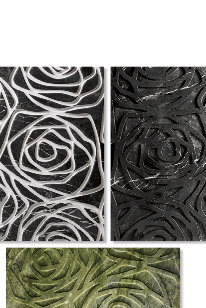 Three Rose finish marble samples, one in white and black, one in green and one in black color with rose patterns.