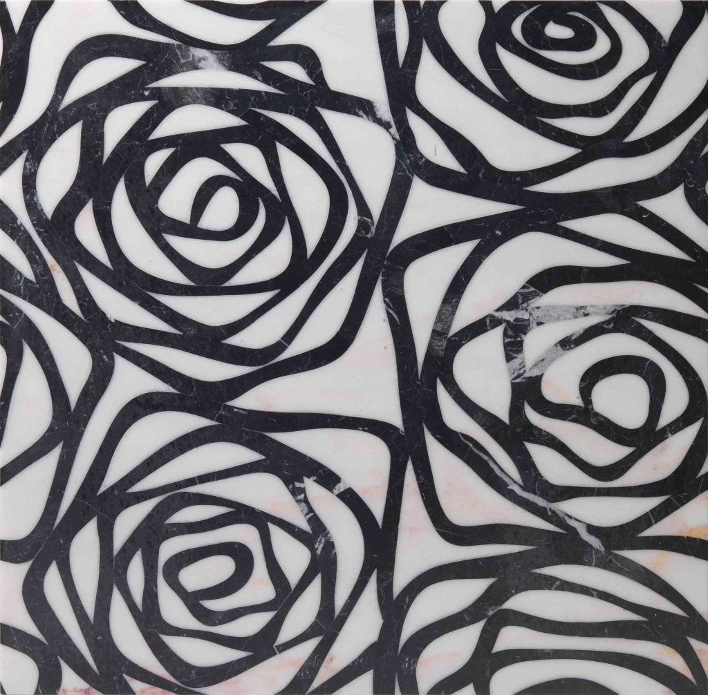 Rose finish marble sample in white and black color with rose patterns.