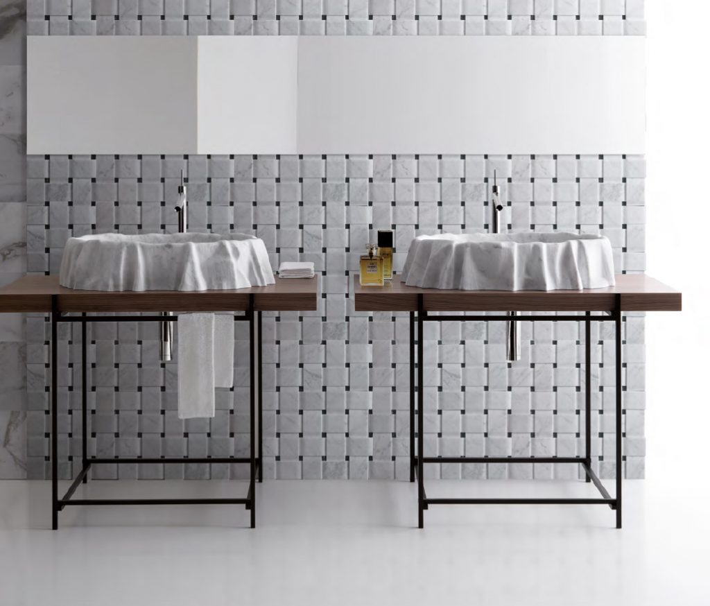 White Texo finish marble with woven patterns, in a bathroom.